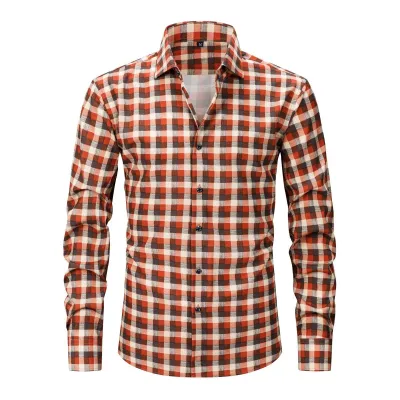 Men'S Fashion Casual Elastic Plaid Stripe Lapel Long-Sleeve Shirt