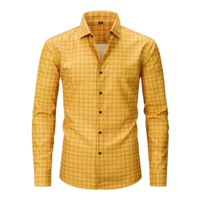 Men'S Fashion Casual Elastic Plaid Stripe Lapel Long-Sleeve Shirt
