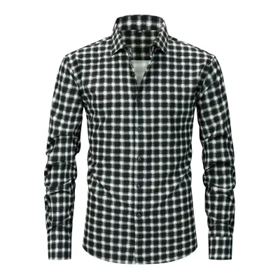 Men'S Fashion Casual Elastic Plaid Stripe Lapel Long-Sleeve Shirt