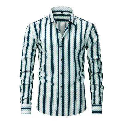 Men'S Fashion Casual Elastic Plaid Stripe Lapel Long-Sleeve Shirt