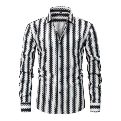 Men'S Fashion Casual Elastic Plaid Stripe Lapel Long-Sleeve Shirt