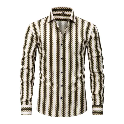 Men'S Fashion Casual Elastic Plaid Stripe Lapel Long-Sleeve Shirt