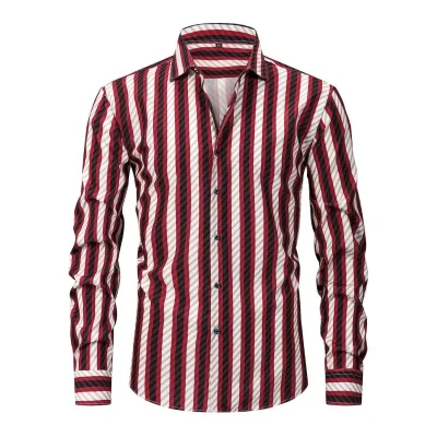 Men'S Fashion Casual Elastic Plaid Stripe Lapel Long-Sleeve Shirt
