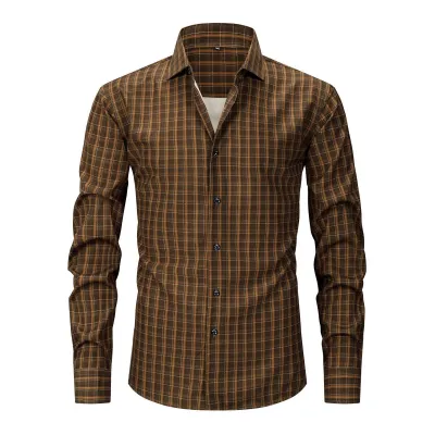 Men'S Fashion Casual Elastic Plaid Stripe Lapel Long-Sleeve Shirt