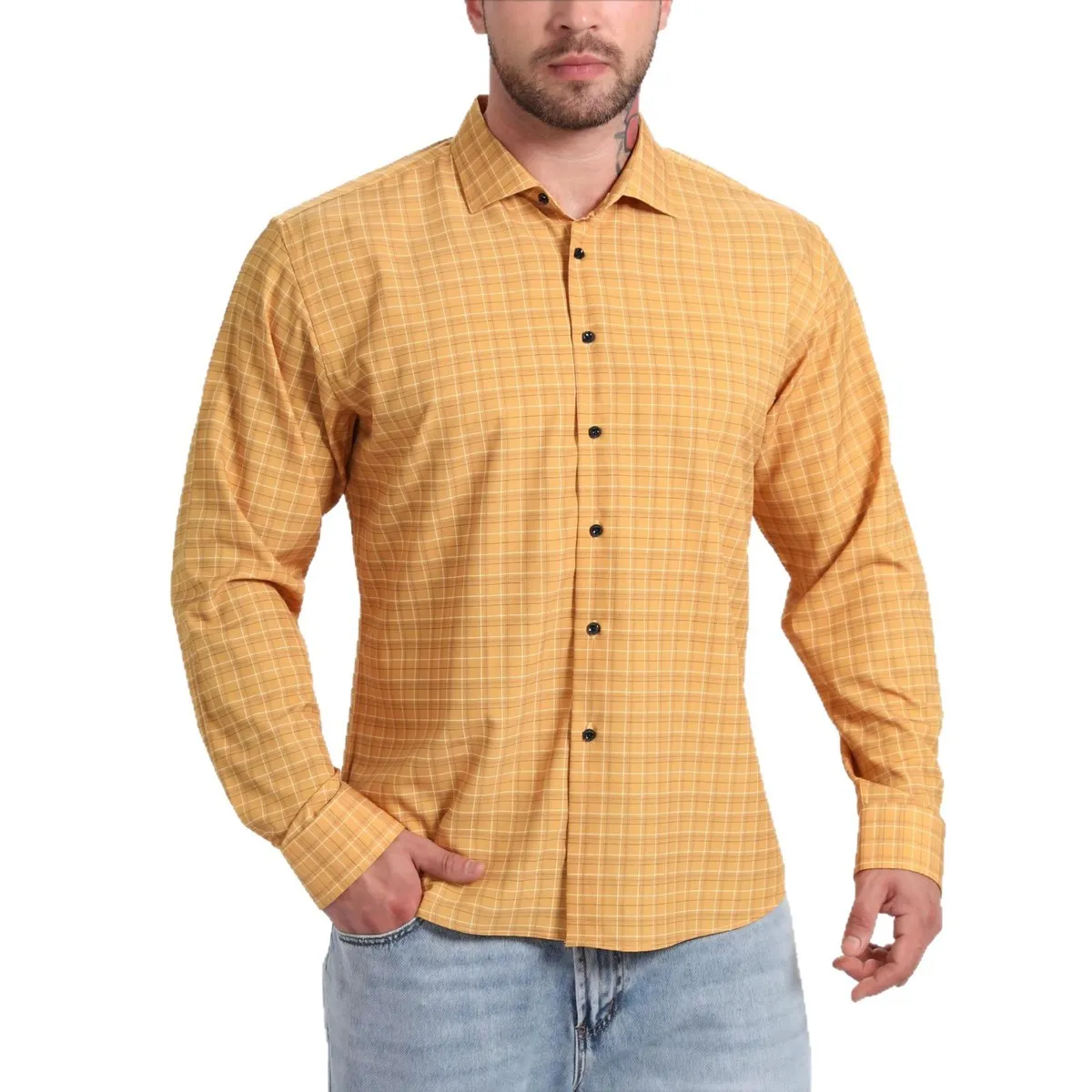 Men'S Fashion Casual Elastic Plaid Stripe Lapel Long-Sleeve Shirt