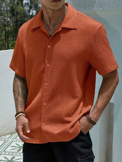 Men'S Fashion Casual Summer Solid Color Lapel Short Sleeve Shirt