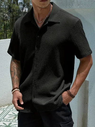 Men'S Fashion Casual Summer Solid Color Lapel Short Sleeve Shirt