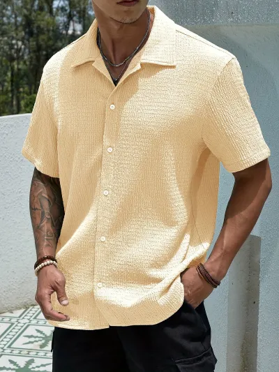 Men'S Fashion Casual Summer Solid Color Lapel Short Sleeve Shirt