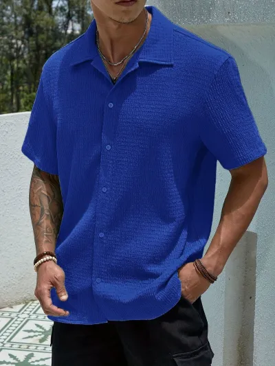 Men'S Fashion Casual Summer Solid Color Lapel Short Sleeve Shirt