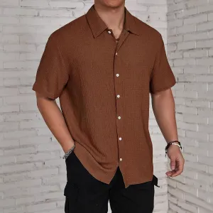 Men'S Fashion Casual Summer Solid Color Lapel Short Sleeve Shirt