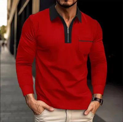 Men'S Fashion Casual Color Block Autumn Pocket Lapel Zipper Long Sleeve Polo Shirt