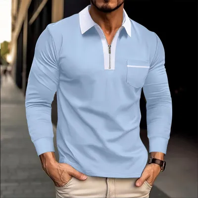 Men'S Fashion Casual Color Block Autumn Pocket Lapel Zipper Long Sleeve Polo Shirt
