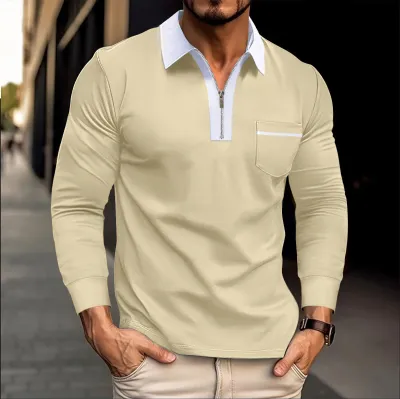 Men'S Fashion Casual Color Block Autumn Pocket Lapel Zipper Long Sleeve Polo Shirt