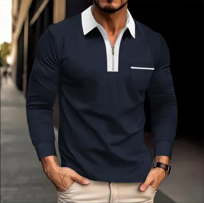 Men'S Fashion Casual Color Block Autumn Pocket Lapel Zipper Long Sleeve Polo Shirt