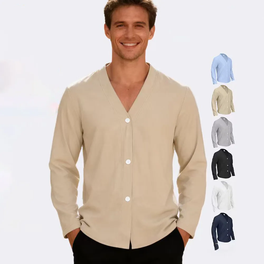 Men'S Fashion Casual Autumn Solid Color V-Neck Button Long Sleeve Shirt
