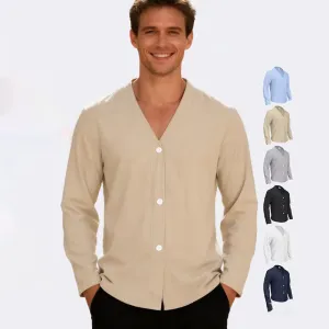 Men'S Fashion Casual Autumn Solid Color V-Neck Button Long Sleeve Shirt