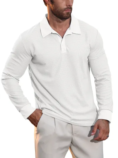 Men'S Fashion Casual Autumn Waffle Solid Color Lapel Long Sleeve Polo Shirt