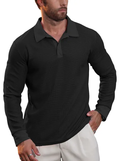 Men'S Fashion Casual Autumn Waffle Solid Color Lapel Long Sleeve Polo Shirt