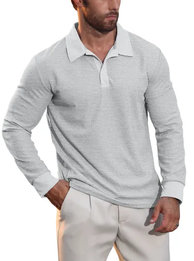 Men'S Fashion Casual Autumn Waffle Solid Color Lapel Long Sleeve Polo Shirt