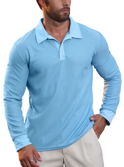 Men'S Fashion Casual Autumn Waffle Solid Color Lapel Long Sleeve Polo Shirt