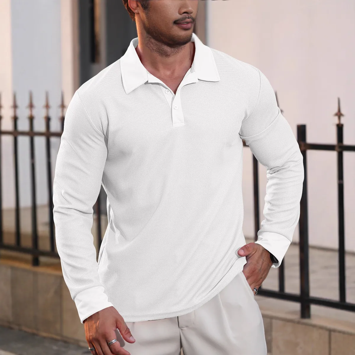 Men'S Fashion Casual Autumn Waffle Solid Color Lapel Long Sleeve Polo Shirt