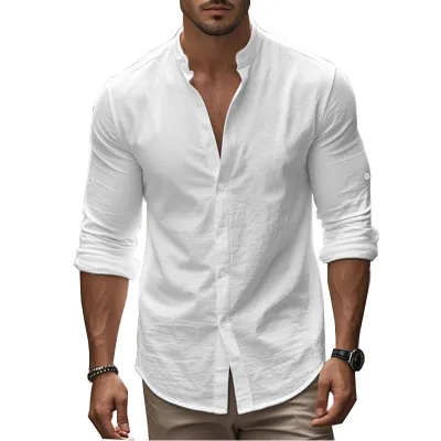 Men'S Fashion Casual Solid Color Cotton And Linen Long Sleeve Button Shirt