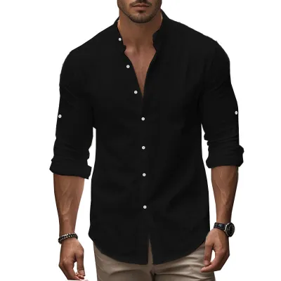 Men'S Fashion Casual Solid Color Cotton And Linen Long Sleeve Button Shirt