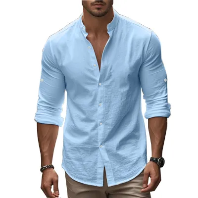 Men'S Fashion Casual Solid Color Cotton And Linen Long Sleeve Button Shirt