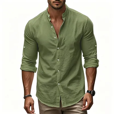 Men'S Fashion Casual Solid Color Cotton And Linen Long Sleeve Button Shirt
