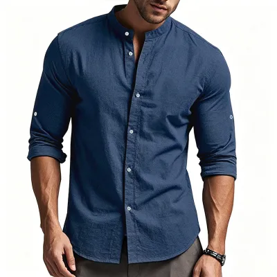 Men'S Fashion Casual Solid Color Cotton And Linen Long Sleeve Button Shirt