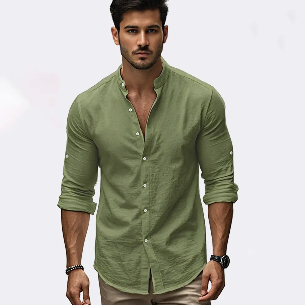 Men'S Fashion Casual Solid Color Cotton And Linen Long Sleeve Button Shirt