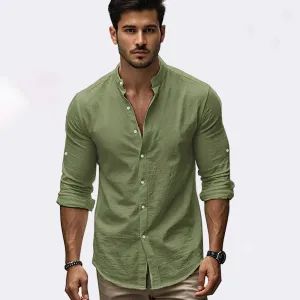 Men'S Fashion Casual Solid Color Cotton And Linen Long Sleeve Button Shirt