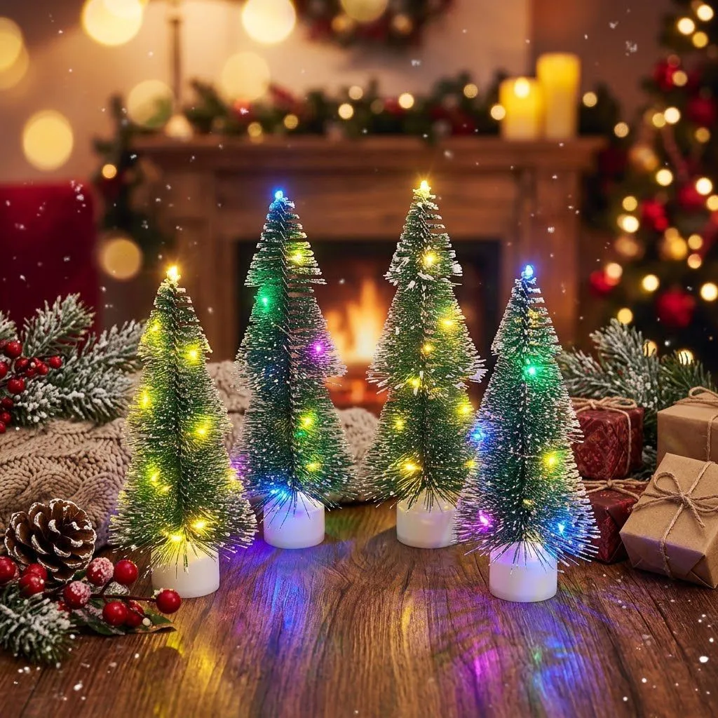 Christmas Luminous Colorful Simulation Pine Branches Mini Christmas Tree Electronic Candle Desktop Decorations