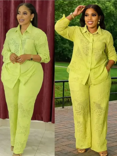 Women Casual Solid Lel Shirt And Pants Two-Piece Set