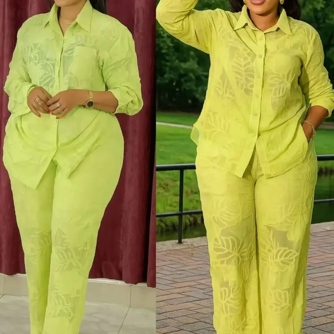 Women Casual Solid Lel Shirt And Pants Two-Piece Set