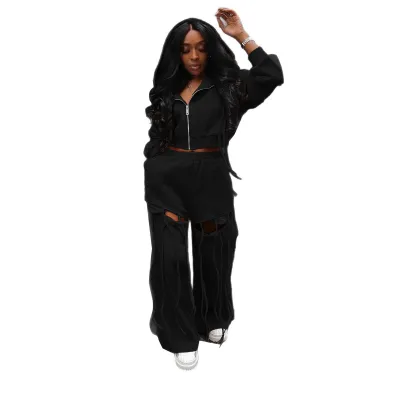 Women Athleisure Casual Solid Color Hooded Top And Rapped Pants Two-Piece Set