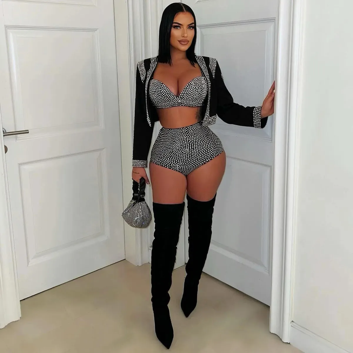 Women Sexy Rhinestone Three-Piece Set