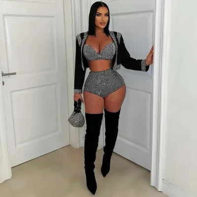 Women Sexy Rhinestone Three-Piece Set