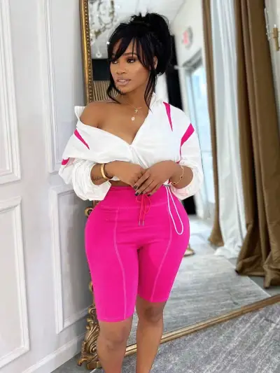 Women Fashion Contrast Color Stitching Sports Shorts Two-Piece Set