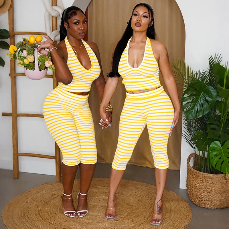 Women'S Fashion Sexy Stripe Printed Neck Tanks And Cropped Pants Two-Piece Set