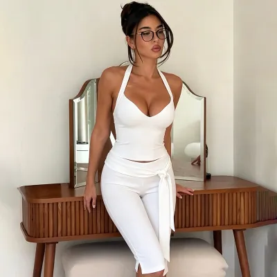 Women Fashion Sexy Solid Color Neck Tanks And Five-Piece Pants Two-Piece Set