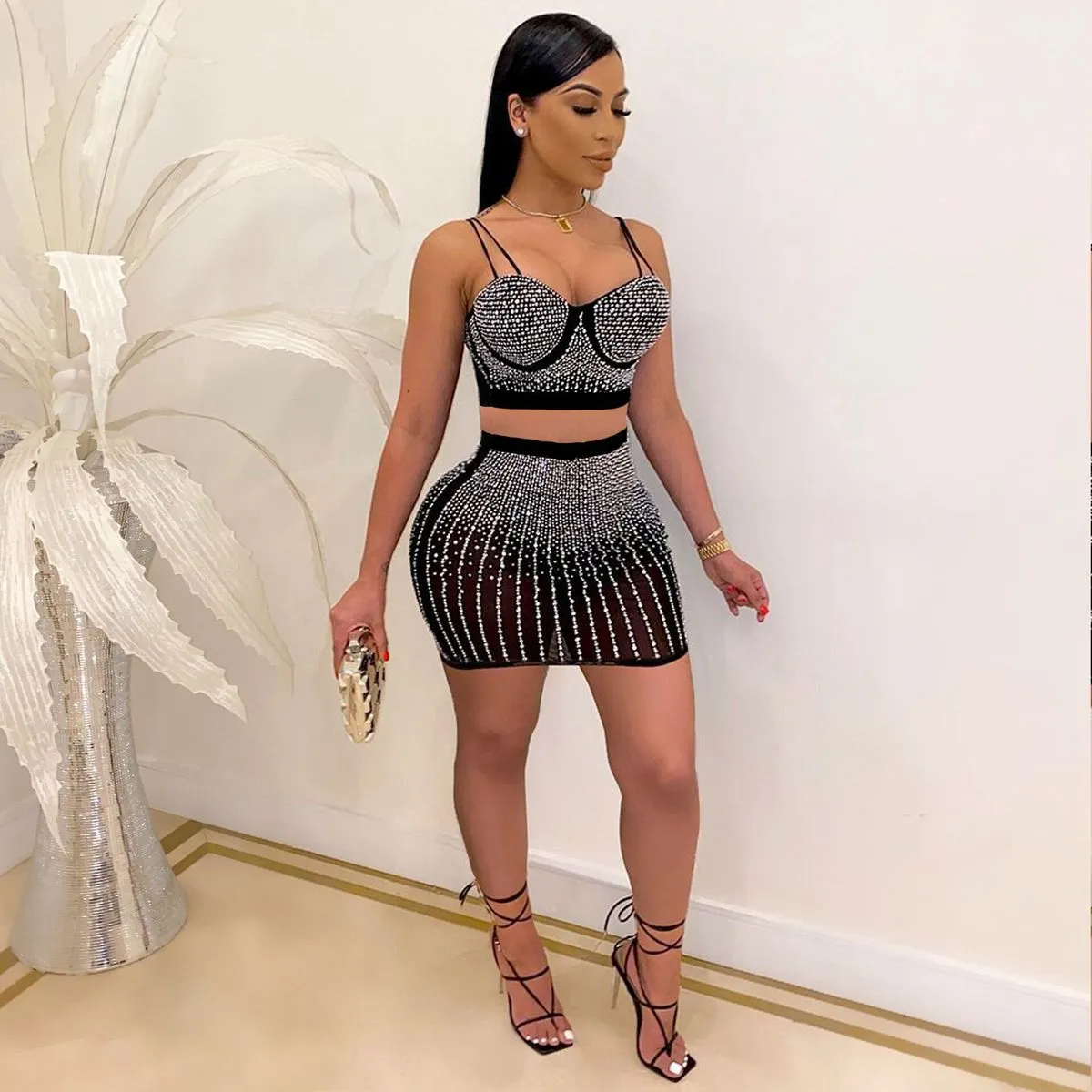 Nightclub Women Sexy Sling Top And Skirt Rhinestone Two-Piece Set