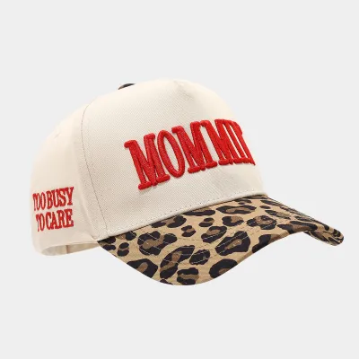 Women Fashion Contrast Leopard Brim Mommii Stereoscopic Letter Embroidered Baseball Cap