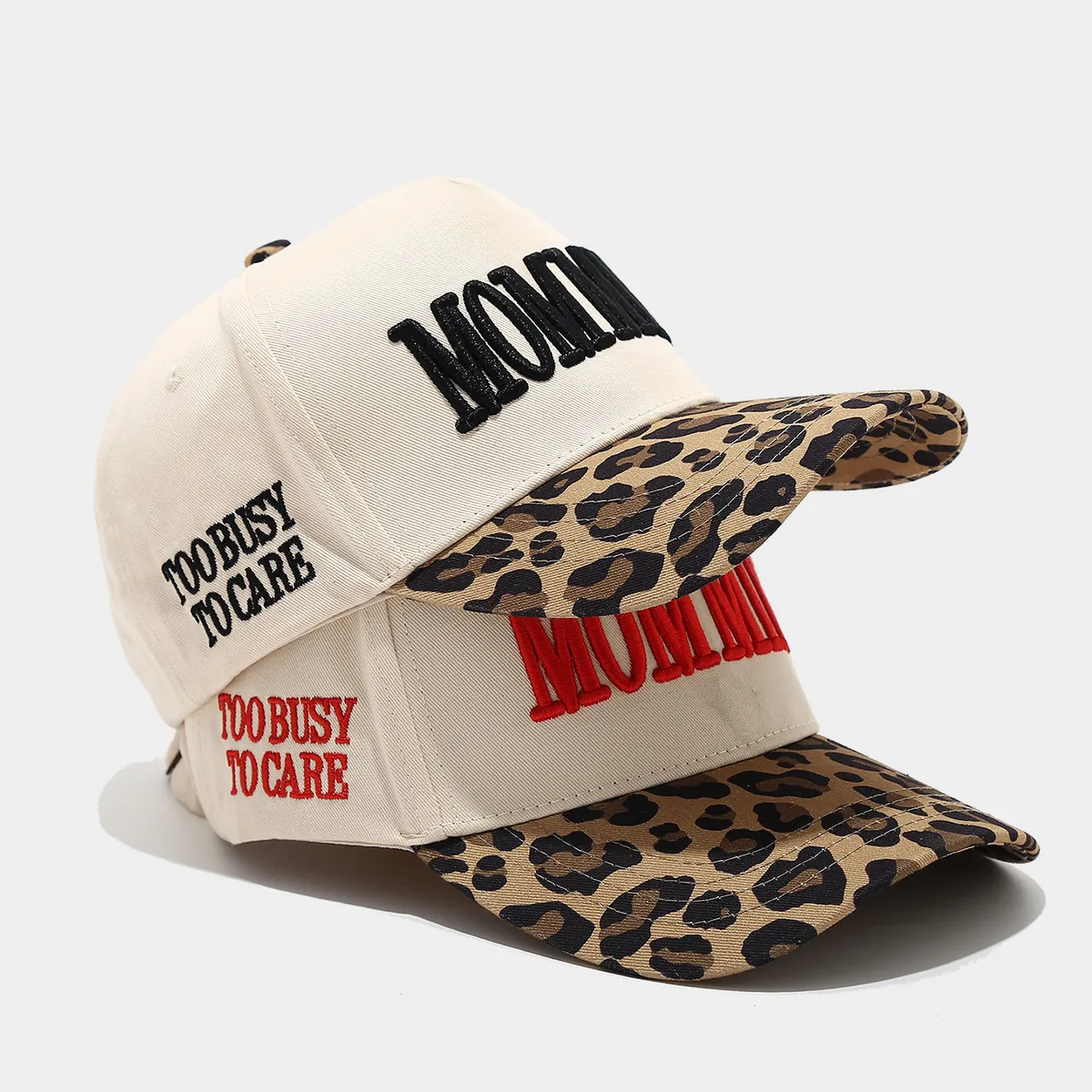 Women Fashion Contrast Leopard Brim Mommii Stereoscopic Letter Embroidered Baseball Cap