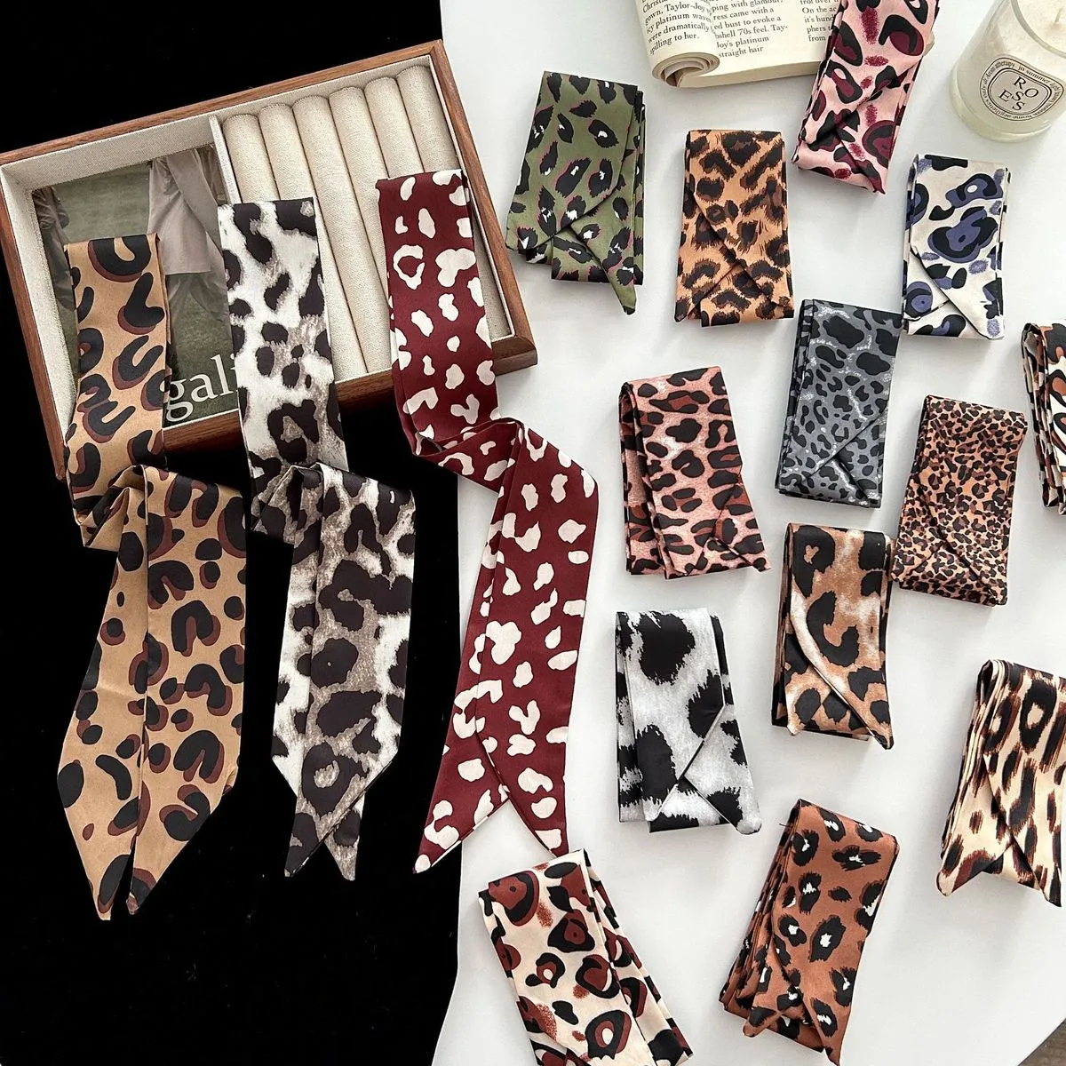 Women Fashion Retro Leopard Long Ribbon Silk Scarf