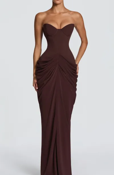 Women'S Fashion Sexy Elegant Solid Color Strapless Backless Waist Strap Pleated Party Dress