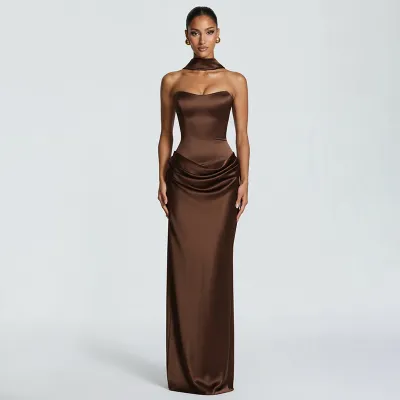 Women Fashion Elegant Solid Color Satin Sleeveless Slim-Fit Strap Stitching Party Dress