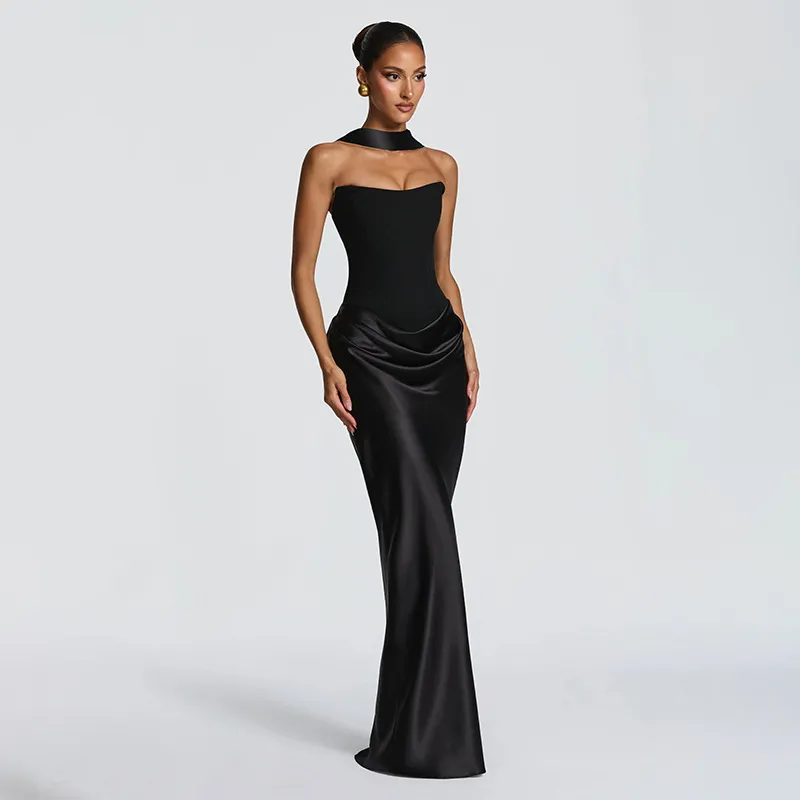 Women Fashion Elegant Solid Color Satin Sleeveless Slim-Fit Strap Stitching Party Dress