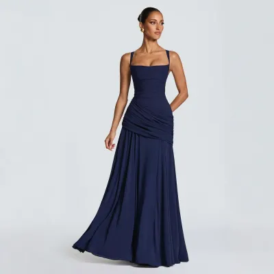Women'S Fashion Elegant Solid Color Sleeveless Waist Swing Strap Party Dress