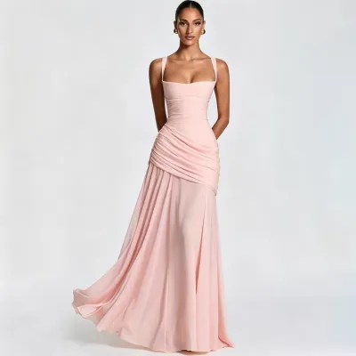 Women'S Fashion Elegant Solid Color Sleeveless Waist Swing Strap Party Dress